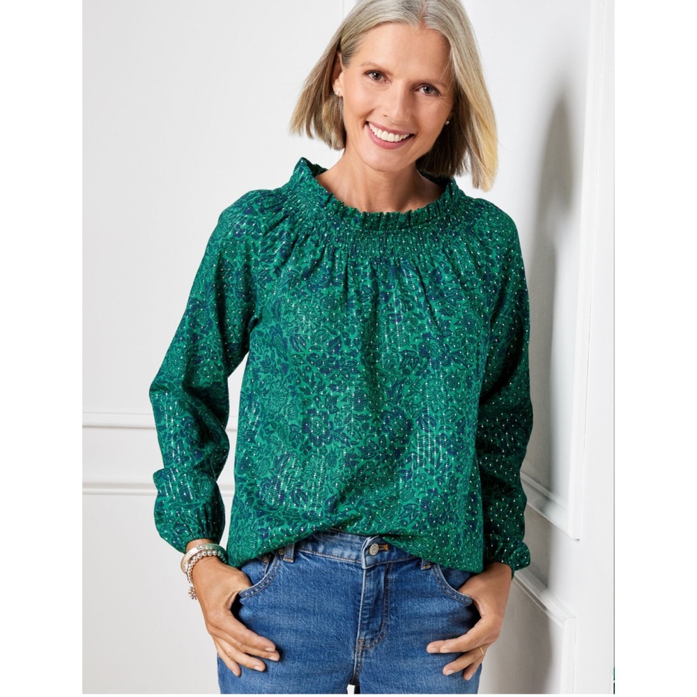 Talbots Women's M Smocked Blouse in Sketched Floral Green NEW